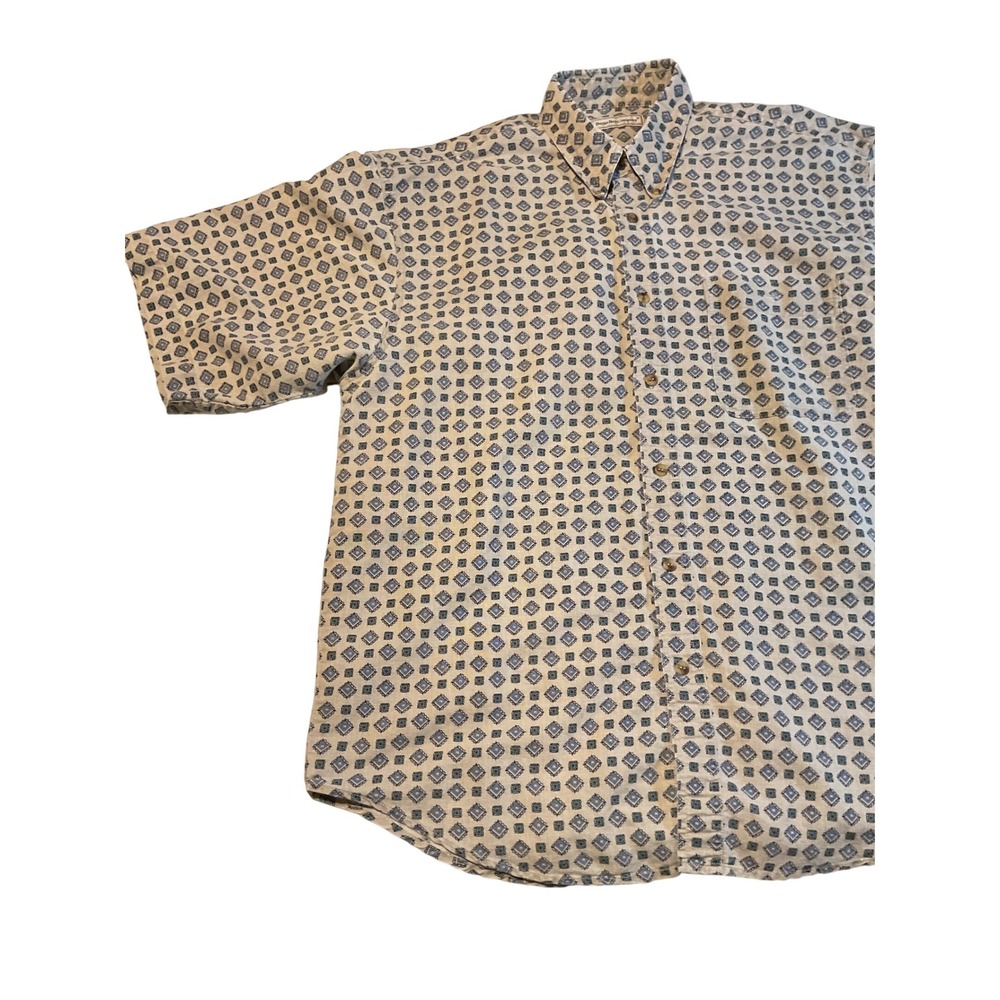 Bugle Boy Company Mens Short Sleeve Button Down Shirt Geometric Pattern Tan Blue
